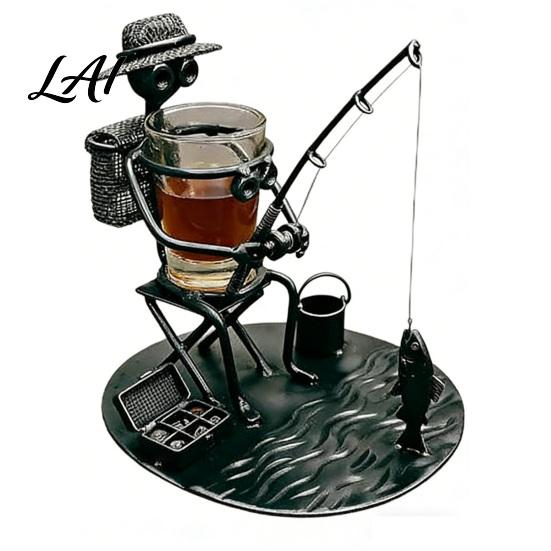 Fishing Decor with Wine Holder Man Glass Handcrafted Metal Fishermen Sculpture Built-in чёрный