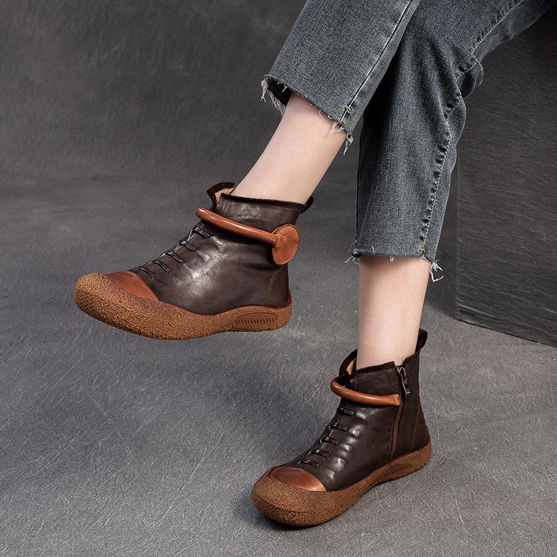 Fashion GKTINOO Retro Genuine Leather Short Boots Women's Shoes 2024 Autumn New Round Toe Soft Sole Comfortable Flat Ankle Boots