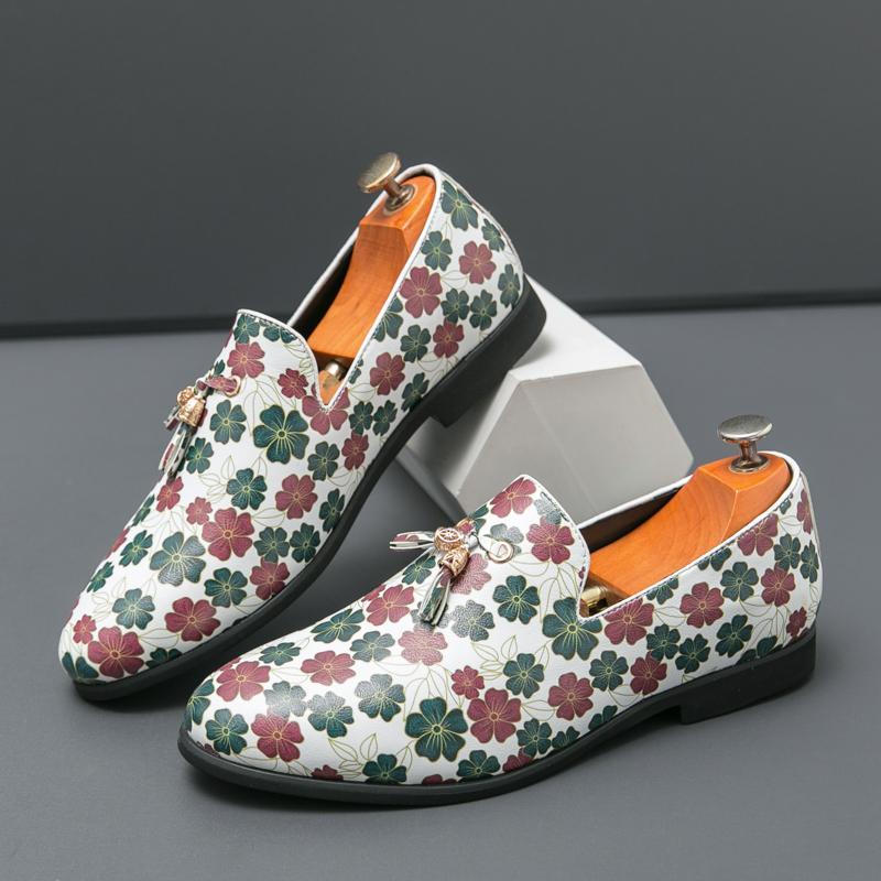 New Handmade Fashion Flower Print Men Loafers Oxfords Shoes Wedding Party Evening Shoes Male Large Size 46 Business Formal Shoes