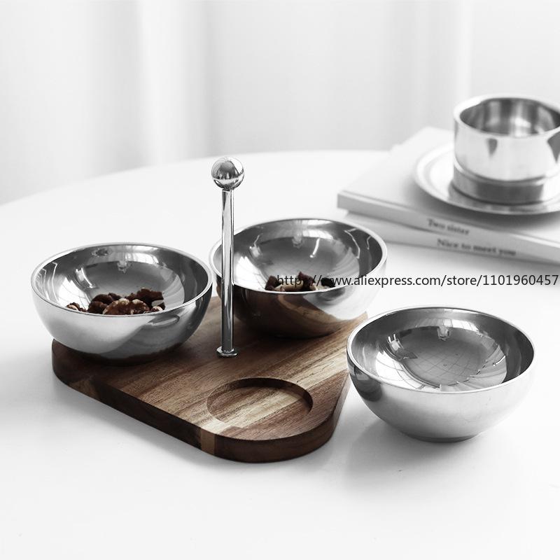 Creative Snack Bowl Electroplated Color Acacia Solid Wood Base With Handle Triangular Stainless Steel Nut Snack Bowl