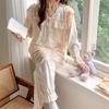 Women Golden Velvet Pajama Set Winter Warm Ruffle Lapel Cardigan Sweet Palace Style Long Sleeve Casual Loungewear Home Sleepwear