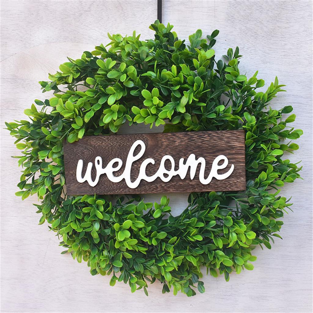 Simulation Wreath Welcome Door Decoration Green Wreath Wooden Sign Pendant