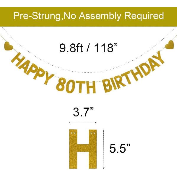 Configure HAPPY 80TH BIRTHDAY Banner, Pre-Strung, Gold Glitter Paper Garlands for 80th Birthday Party Decoratiopns Supplies, Letters