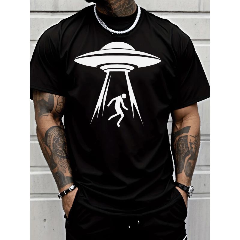 

Men s UFO Alien Spaceship & Beam Graphic T-Shirt - Short Sleeve Casual Tee with Alien Beam Pattern, Moisture-Wicking Breathable Fabric S чёрный