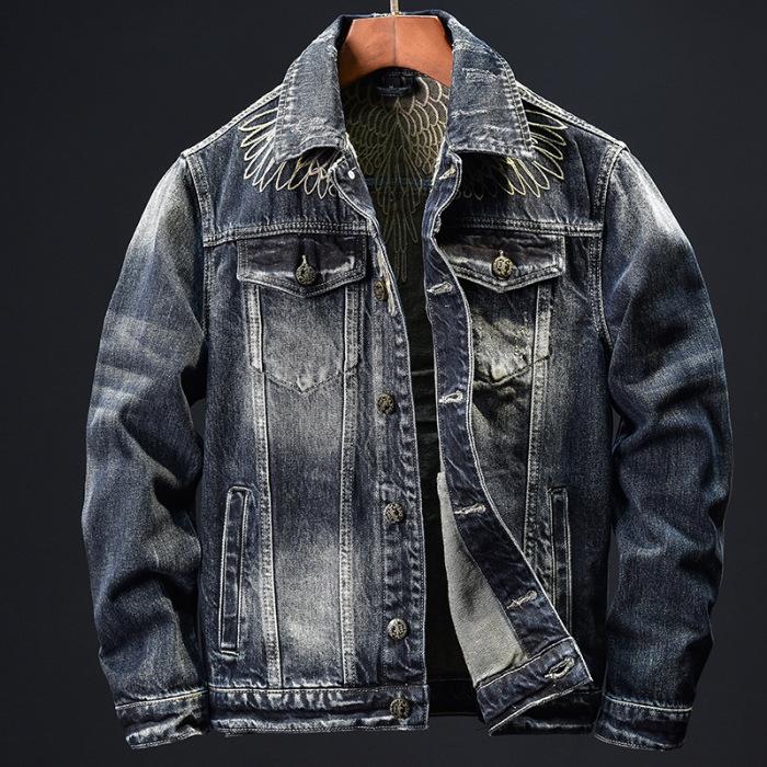 

Осенне-зимний классический джинсовый топ с вышивкой для тяжелой промышленности, ретро-трендовая одежда для мотоциклистов, джинсовое пальто с несколькими карманами для мужчин XXL