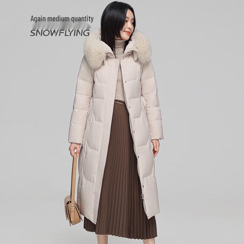 SNOWFLYING Women's Long Fox Fur Collar Down Jacket with Belt