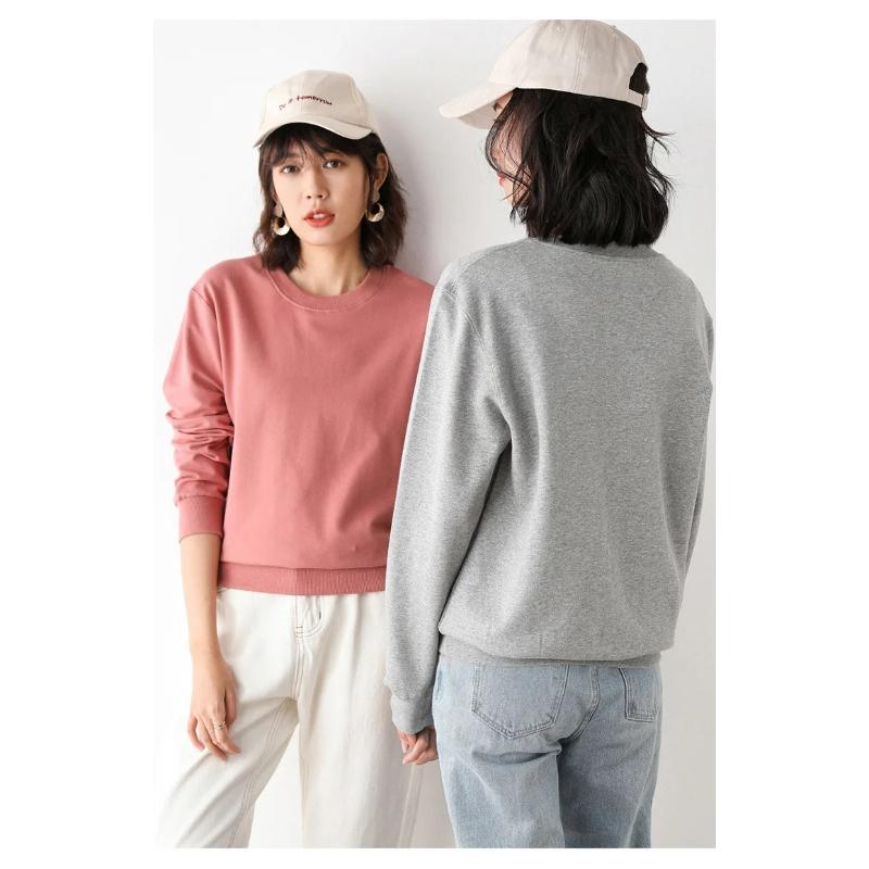 Damen Sweatshirt Frühling Herbst Mehrfarbig Mode Koreanisch Rundhals Baumwolle Locker Damen Sweatshirts Vintage Einfarbig Pullover