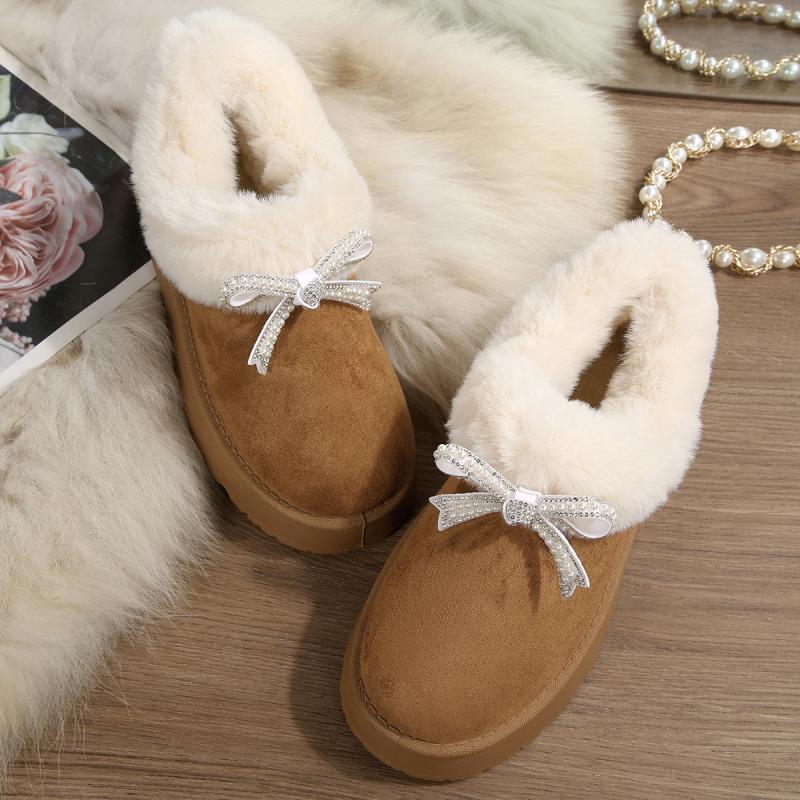 Thick Bottom Fluffy Fur Snow Boots Women 2025 Winter Warm Plush Ankle Boots with Platform Sweet Bowknot New Furry Non Slip Shoes