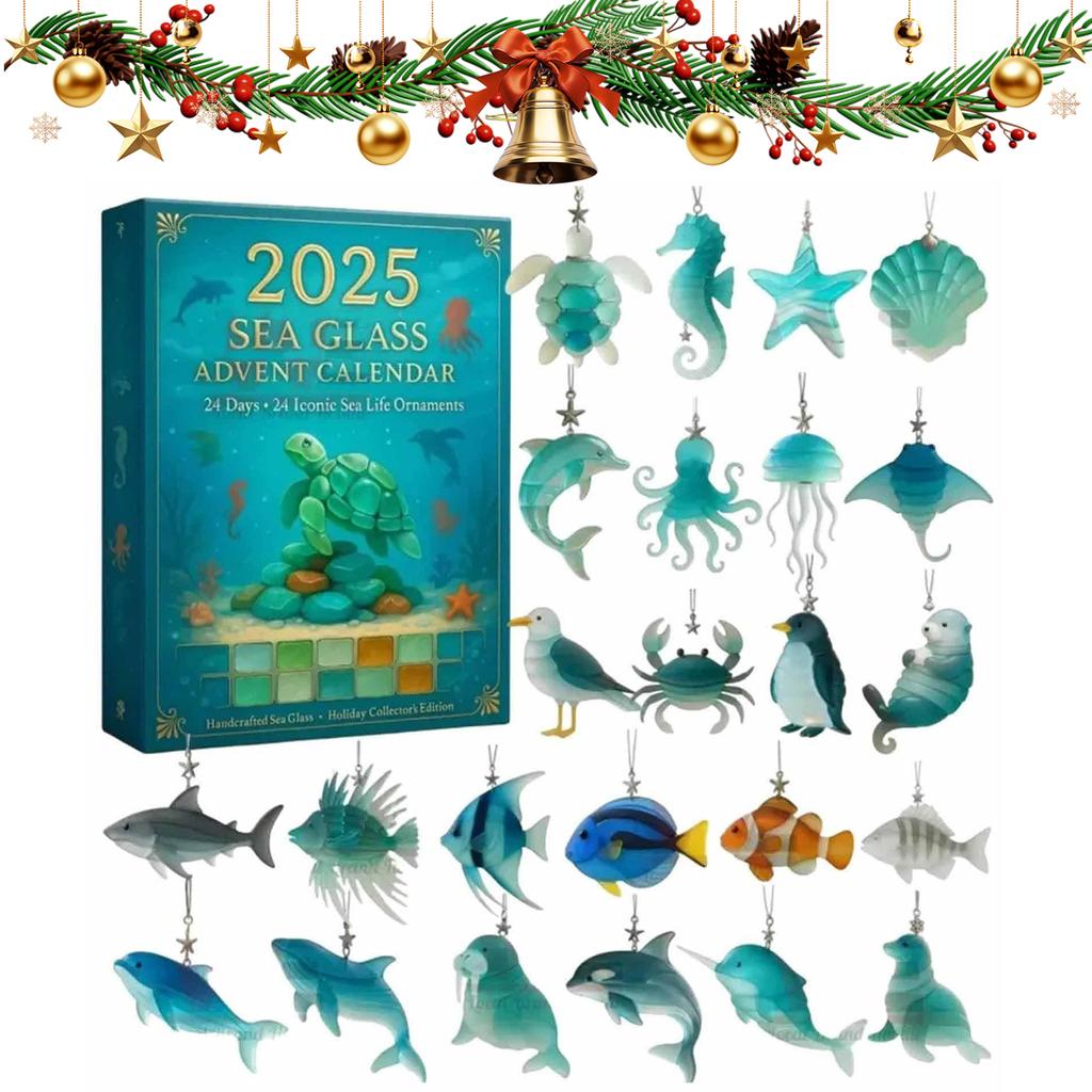 Marine Life Advent Calendar 2025 with 24 2D Flat Ocean Animals Decoration Christmas Advent Calendar for Christmas Tree Ornaments