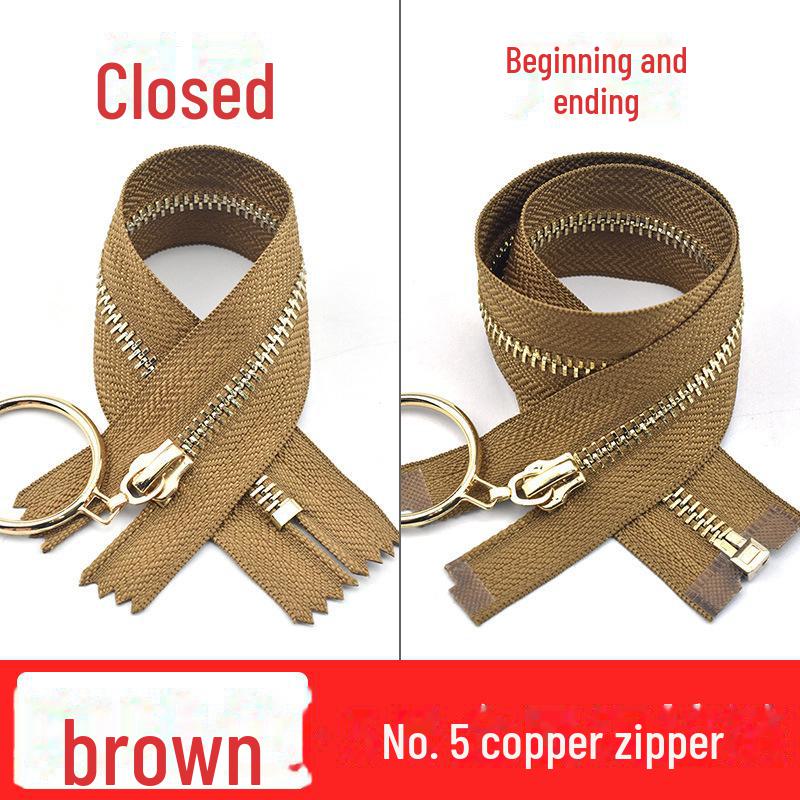 20-40cm Metal Zipper with Large Ring Puller, Size 5, Light Gold Teeth for Bags, Leather Skirts