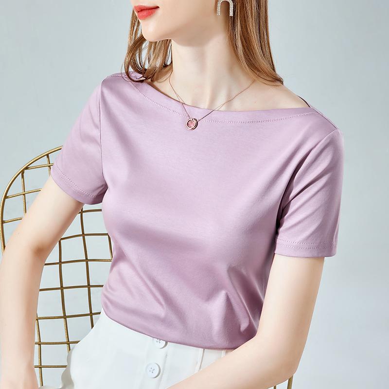 Ice-sensing Mercerated Cotton Short-sleeved T-shirt for Women's Summer New Women's One-shoulder Pure Cotton T-shirt Waist Top