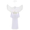 Fantasia de Anjo Halloween Feminina Vestido Robe com Decote em V Manga Flare Acabamento Metálico Dourado Brilhante com Tiara de Penas e Asas para Festa Cosplay