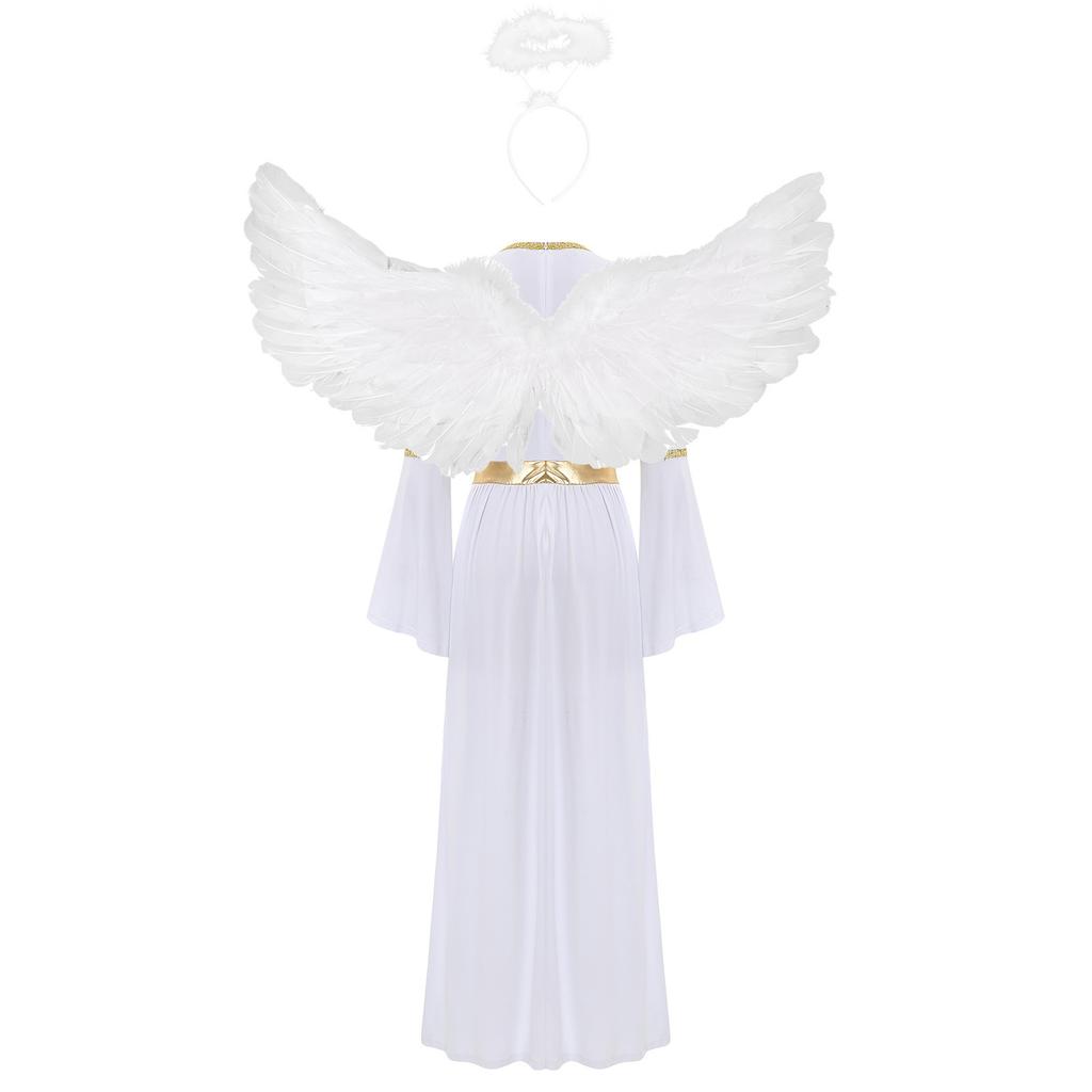 Fantasia de Anjo Halloween Feminina Vestido Robe com Decote em V Manga Flare Acabamento Metálico Dourado Brilhante com Tiara de Penas e Asas para Festa Cosplay
