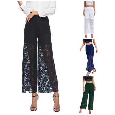 Damen Sommerhose mit weitem Bein, elastisch, hohe Taille, lockerer Schnitt, hohler Haken, Blumenspitze, Strandhose