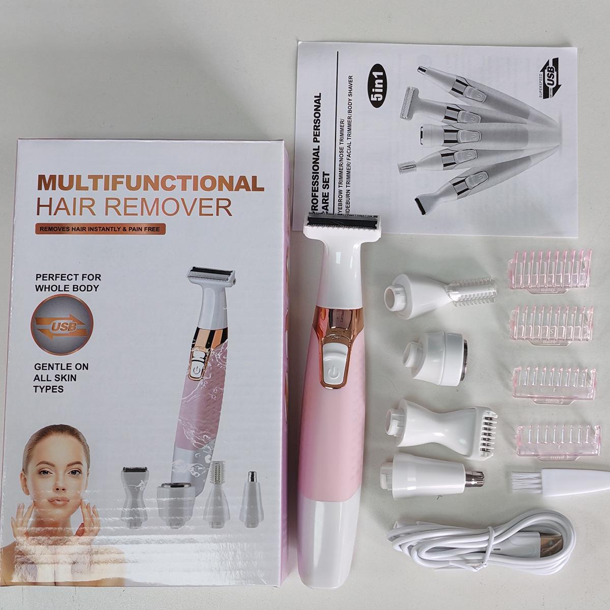 

5-in-1 USB Rechargeable Epilator: Full Body, Wet/Dry Use, Hair Remover, Eyebrow Shaper, Nose Trimmer.