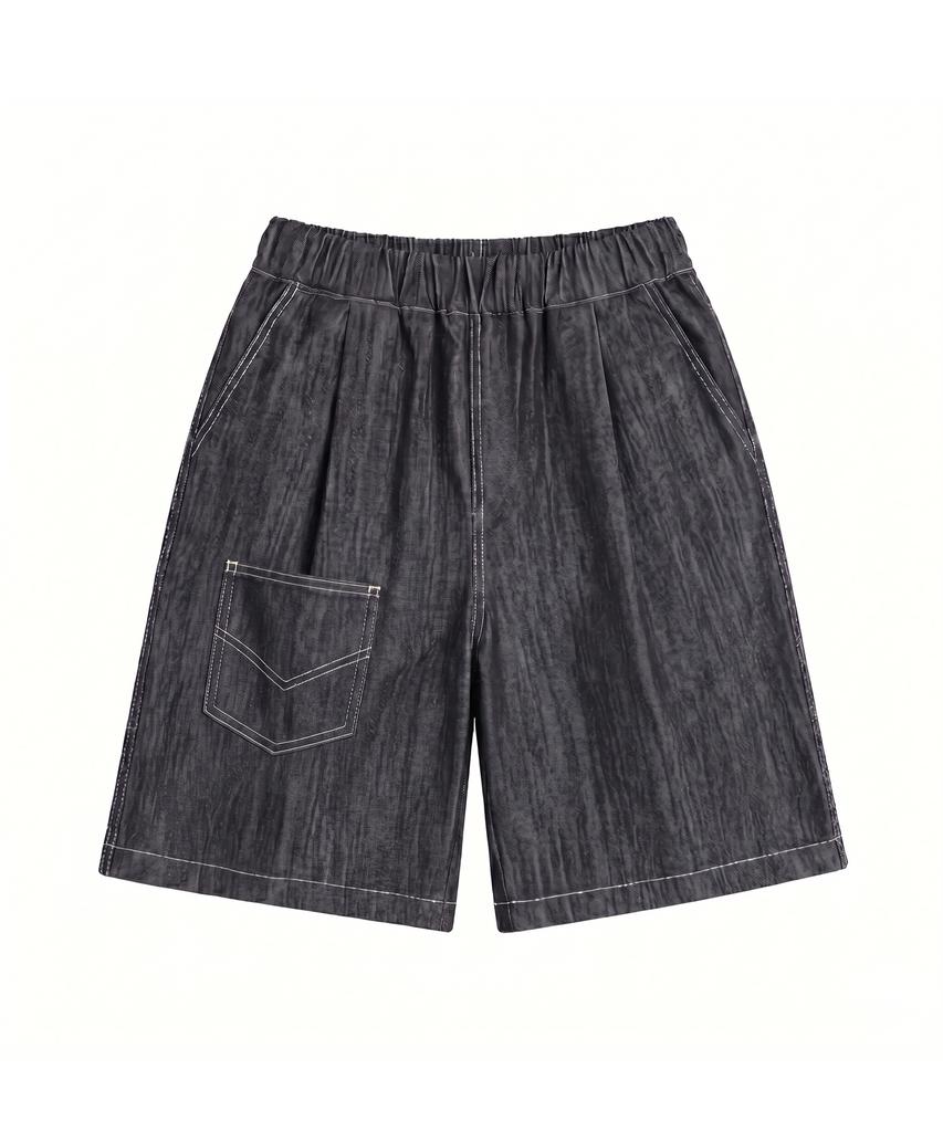 Noming Denim One-Pleat Pocket Wide Bermuda Shorts - Black