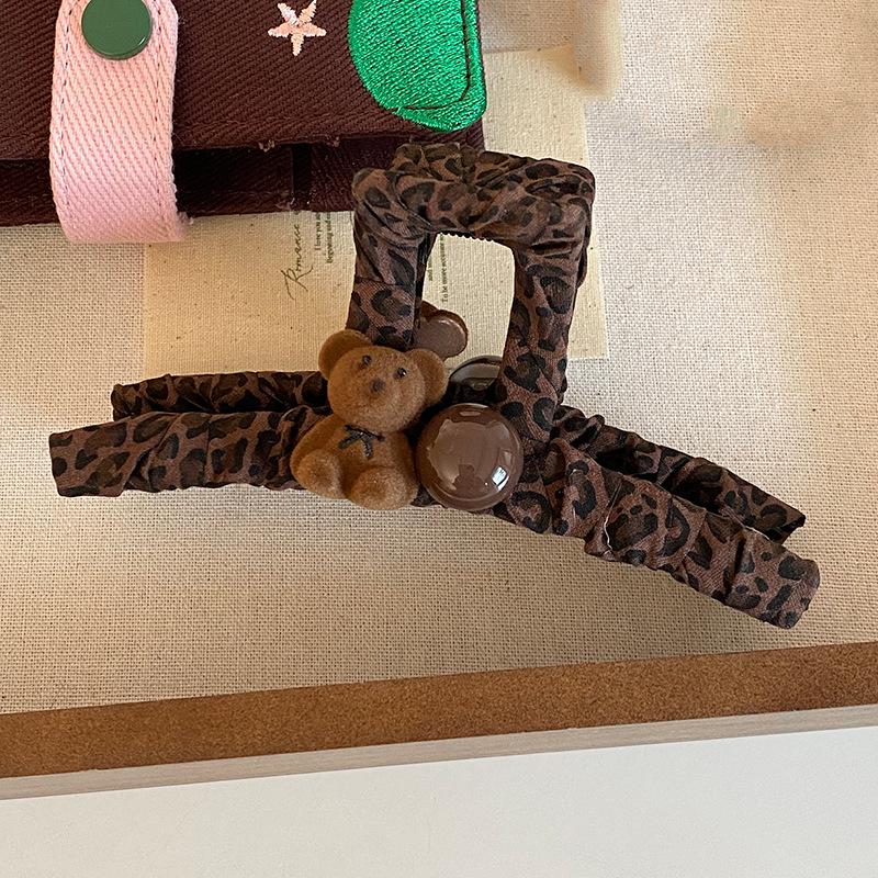 Korean Little Bear Leopard Print Large Claw Clip for Women - High-End Shark Clip for Hair Buns