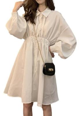 Sleeping Sheep Elegant and Girly Waist Gathered Shirt Long Voluminous Flared Size White Women's Dress, Sleeve, A-Line, Sleeves, Waist-Marking, Tunic,