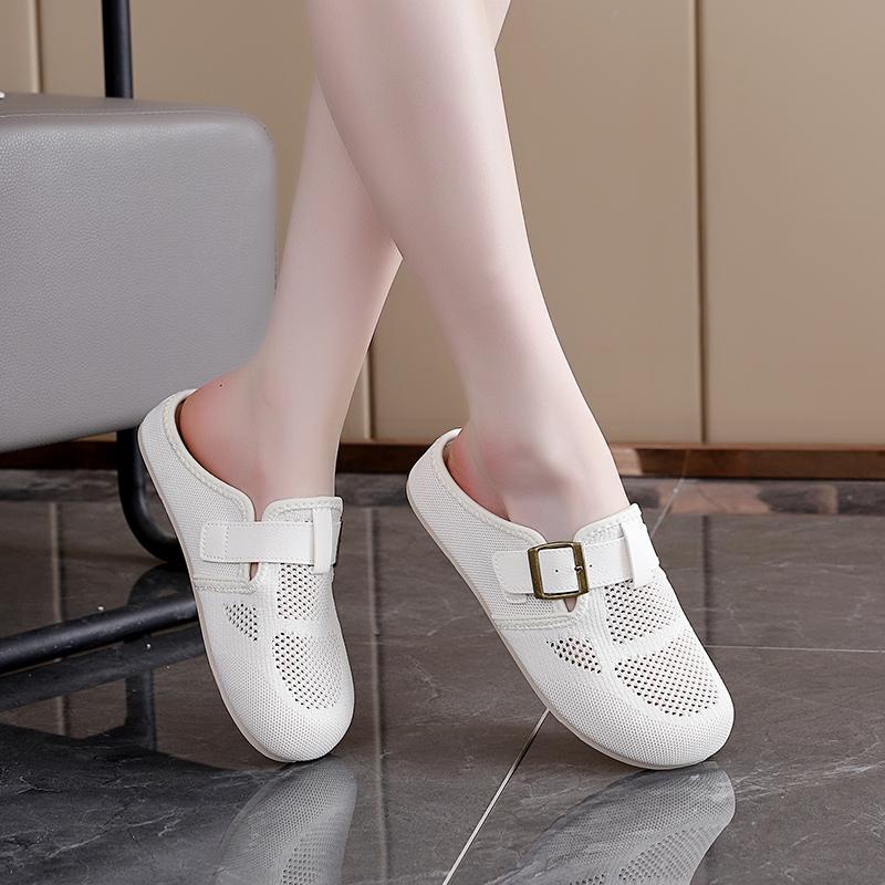 Fashion Round Head Flat Sandals Summer New Bao Head Deep Mouth Mesh Cloth Breathable Metal Buckle Soft Sole Non-slip Slippers