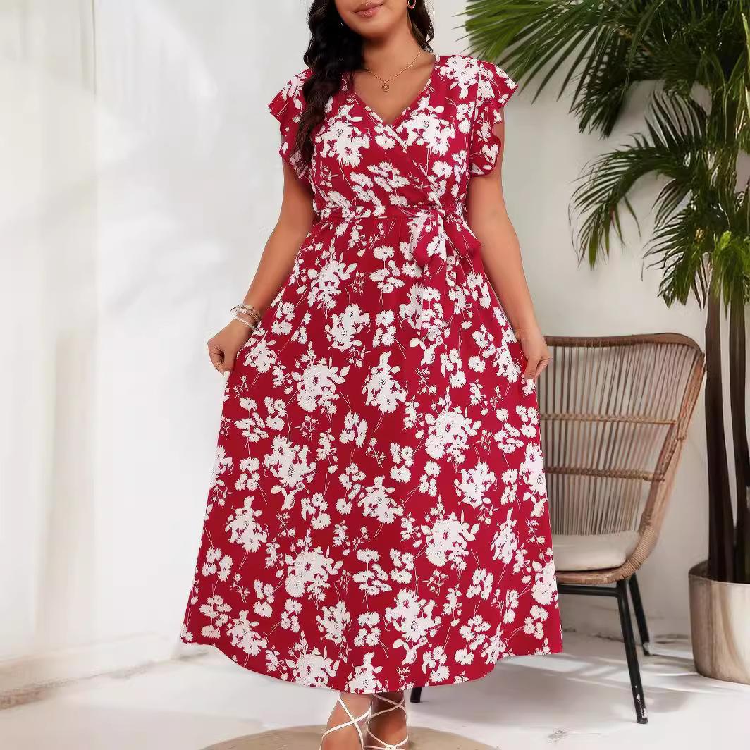 

GMXIA Summer Women s V-Neck Tie Belt Large Size Red Dresses XXXXL красный