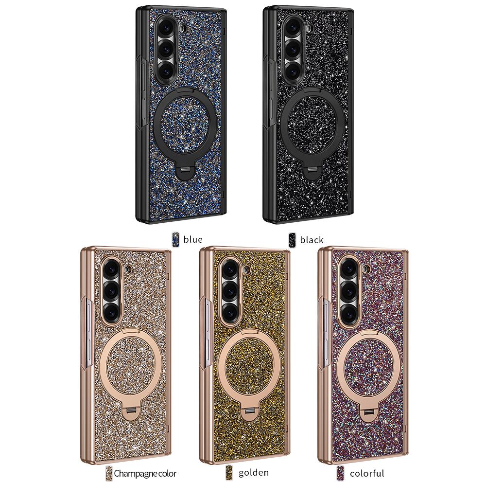 Luxury 360 Rotating Bracket Magnetic Shiny Case For Samsung Z Fold 7 6 Full Protection Tempered Glass Screen Protector Kickstand