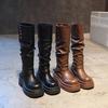 Braune Retro-Plateau-Stiefel mit dickem Absatz im britischen Stil für Damen 2024 neue Herbst- und Winter-Stiefel dünne Stiefel hohe Stiefel