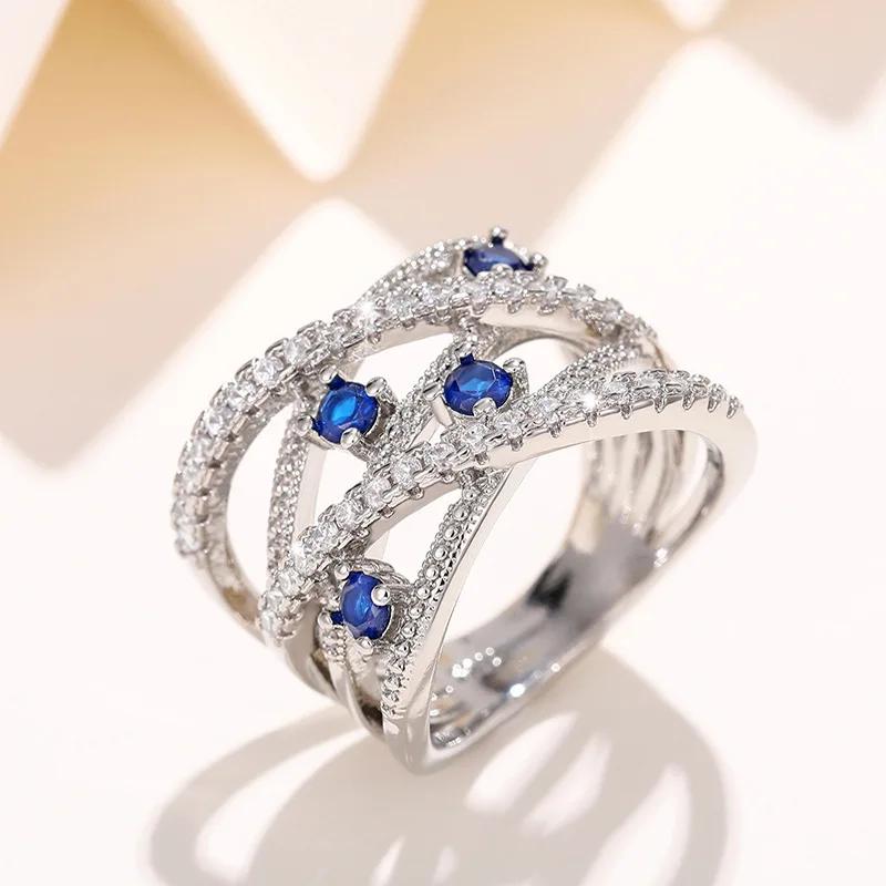 Luxury Multilayer Cross Rings Full Paved Blue CZ Stone Fashion Sparkling  Sterling Silver Women's Rings Wedding Bands