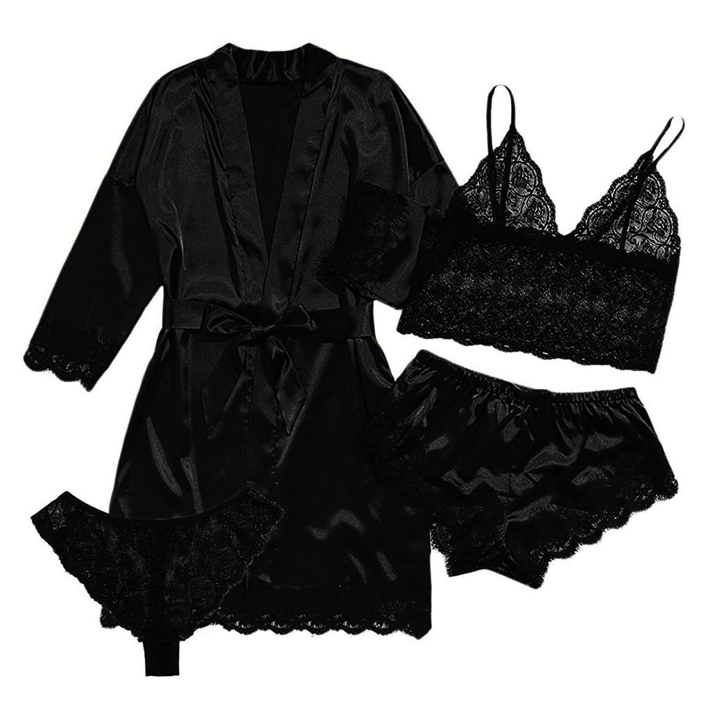 4-Piece Women Sexy Garter Lingerie Set Robes Lace Bodysuit Deep-V Neck Underwear