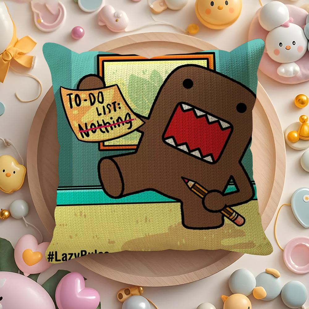 Cartoon Funny Domo-Kun Cushion Cover Linen Organic Fabric Double-Sided Printing Breathable Pillow Case Sofa Home Decor Gift