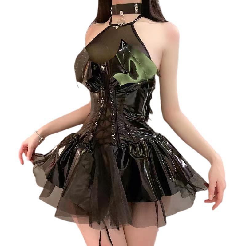 Anime Little Devil Sexy Glossy PU Halter Tie-Front Sheer Mini Skirt Set Mesh Paneled Puffy Skirt Dark Game Uniform Set