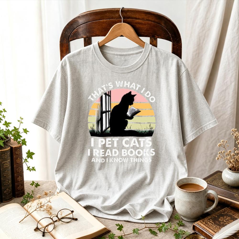 Thats What I Do Pet Cats Read Books and I Know Things TShirt Retro Sunset Reading Cat Silhouette Graphic Tee Bookworm Tops