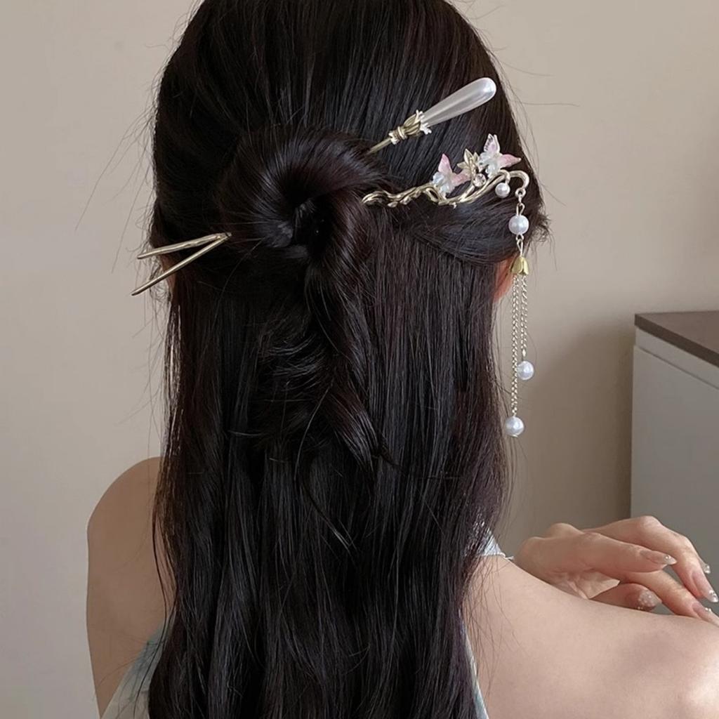 New Flower Hairpin For Women Elegant Floral Butterfly Pearl Tassel Hair Stick Trendy Jewelry Hair Accessories Hair Clips