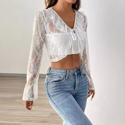 Autumn and Winter Women's Elegant Sexy Hottie Ruffle Mesh Lace Tie Long Sleeve