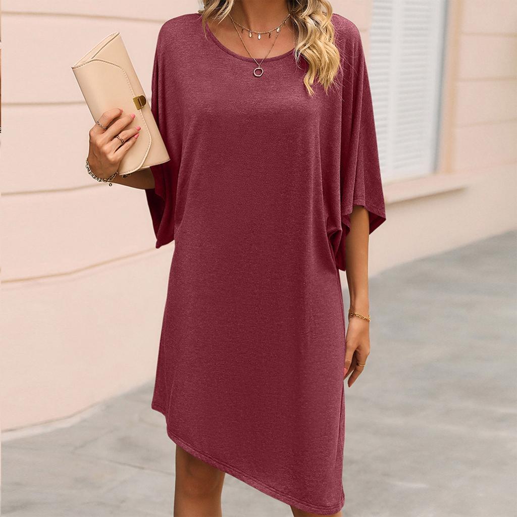 Women's Solid Color Summer Quarter Sleeve Irregular Skirt Casual Loose Mid-Length Dress