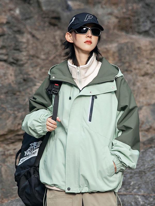 Unisex Trendy Three-in-One Waterproof Jacket for Autumn/Winter Outdoor Activities, Color-Blocked Design for Couples