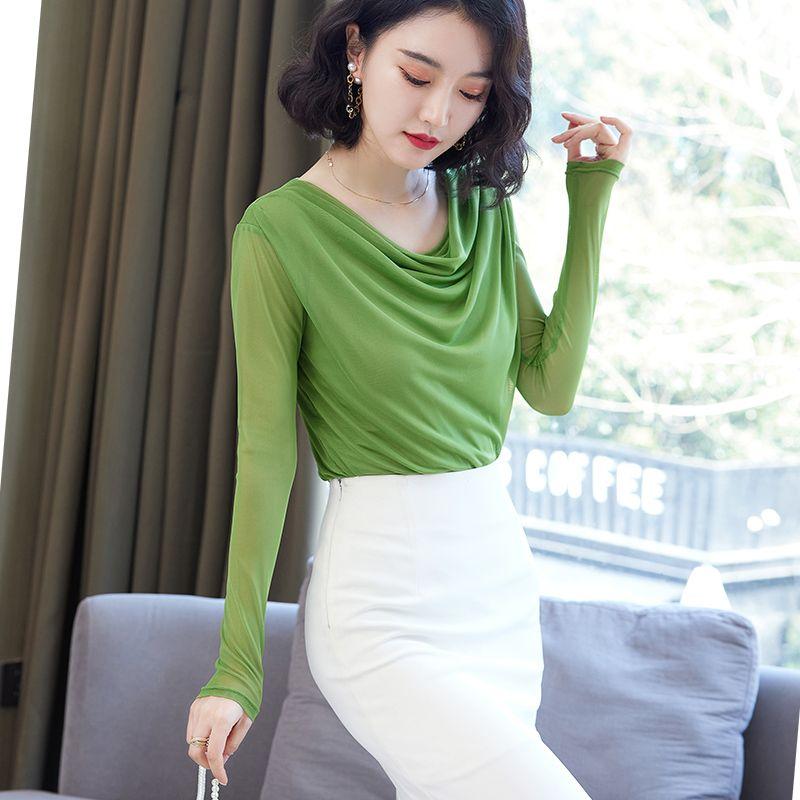 Fashion Spring Summer Mesh Base Shirt Thin Loose Fit Long Sleeve Elegant T Shirt Women Cover Belly Blouse