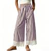 Women's Cotton Striped Wide Leg Pants, Length Loose Fit Casual Pull- with Elastic Waist and Lace Trim