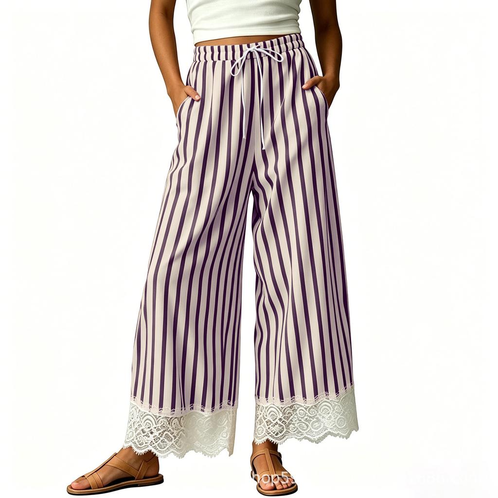 Women's Cotton Striped Wide Leg Pants, Length Loose Fit Casual Pull- with Elastic Waist and Lace Trim