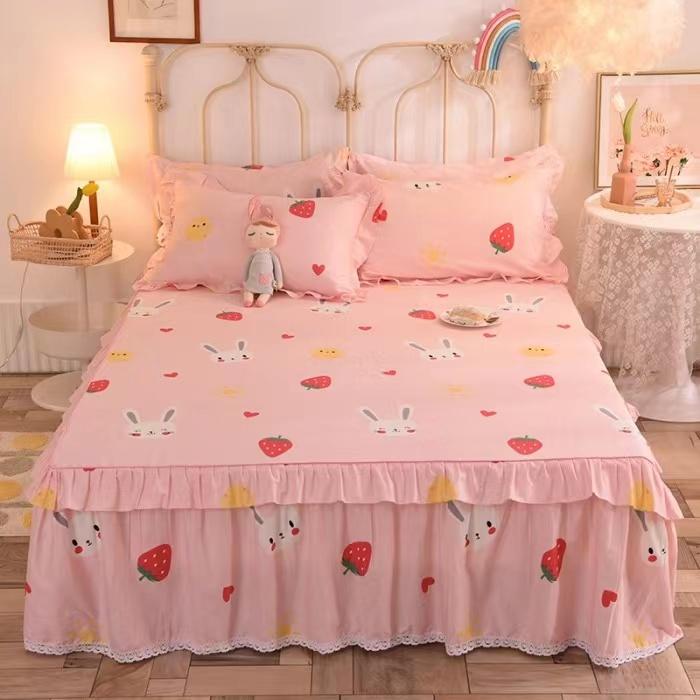 3pcs Sheet Set High Grade 100% Cotton Printed Bedspread King Queen Size Cute Pure Cotton Thick Bed Skirt with 2pcs Pillowcase