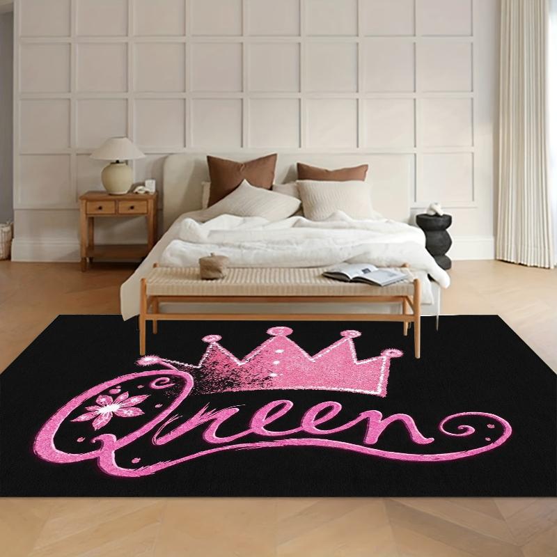 Non-Slip Carpet Pink Queen Crown Area Rug Washable Carpets for Living Room Bedroom Black Background Durable Floor Mat Home Rugs