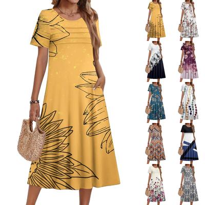 Ladies' Floral Printed Casual And Fashionable Short Sleeved Round Neck Dress
