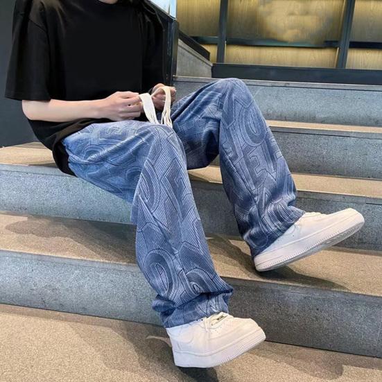 Men Pants Elastic Waist Adjustable Drawstring Wide Leg Casual Trousers with Pockets Letter Print Corduroy Pants