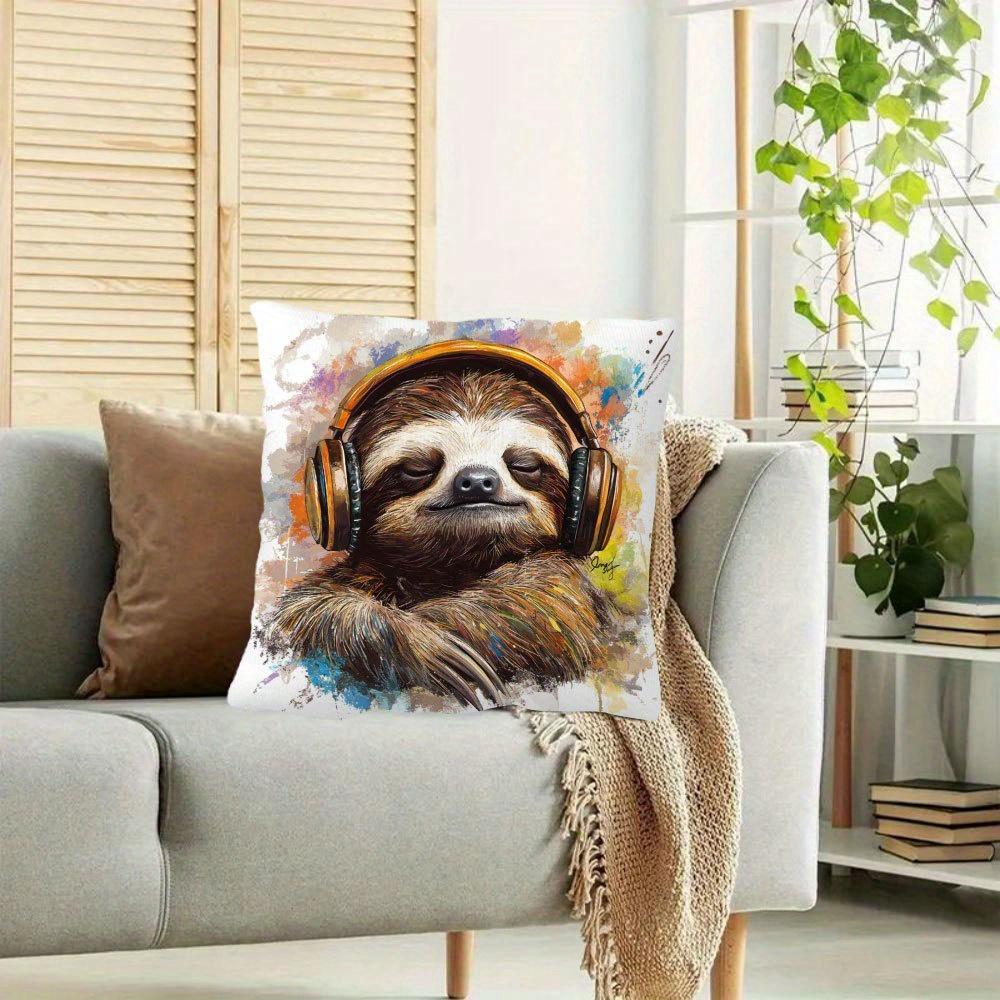 Sloth Pillowcase, Music Animal Cushion Cover, Watercolor Art Throw Pillow, Funny DJ Sloth Decor, Living Room Bedroom Decor