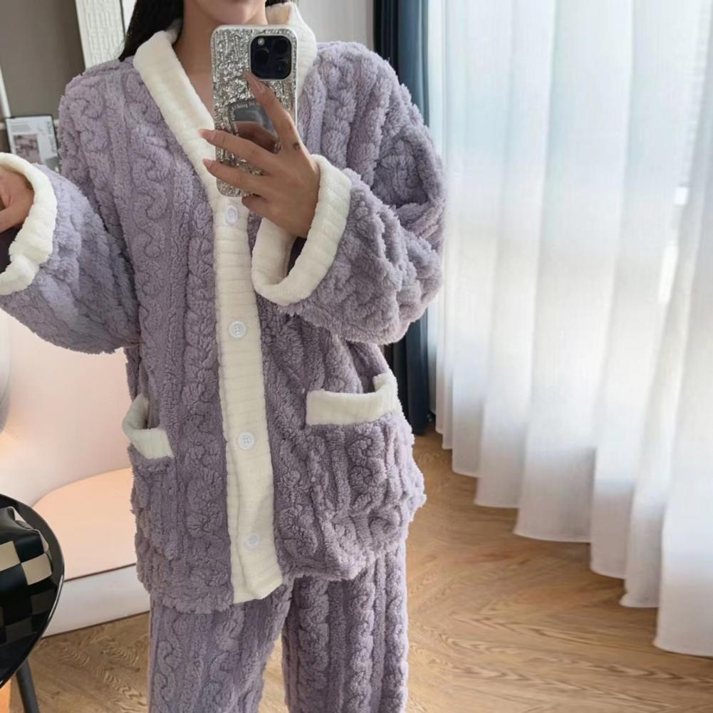 Warm Home Suit Cozy Winter Loungewear Set for Women Thermal Pajamas with V-neck Long Sleeve Tops Wide Leg Pants