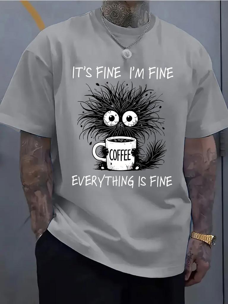 Unisex Oversize Tee It S Fine Cat Coffee Cartoon Graphic Cotton Crew Neck Short Sleeve Casual Daily Street Male Basic Fashion Top