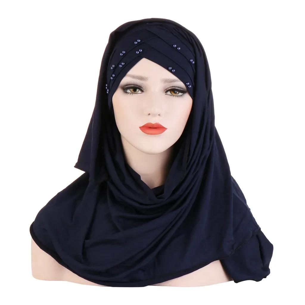 Sofort-Hijab Jersey-Hijabs Für Frauen Kreuz Stirn Pailletten-Turban Muslimische Frauen Hijab-Schal Türkischer Baumwoll-Hijab Für Frauen