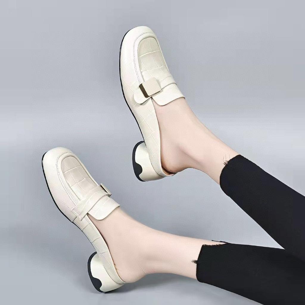 Baotou Outer Slippers Spring and Round Head Low Heel Cool Slippers Embossed Cow Patent Leather Square Buckle