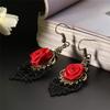 1 Pair Vintage Gothic Halloween Black Lace Red Flowers Dangle Earrings AVE