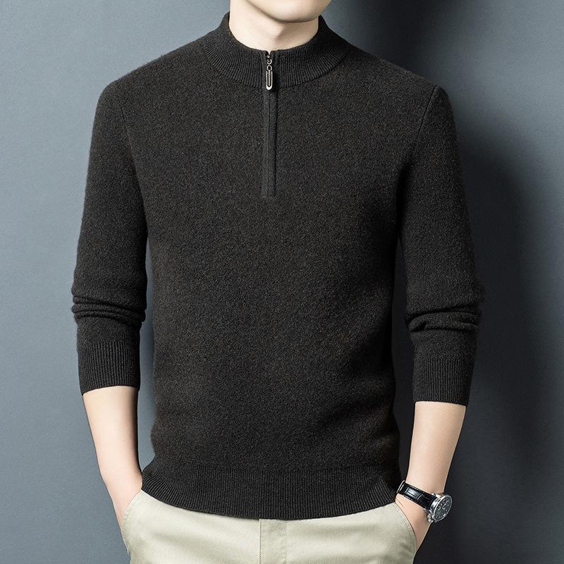 2025 Men's High-Grade Yak Wool Zipper Sweater - Solid Color, Autumn/Winter Knit Base Layer