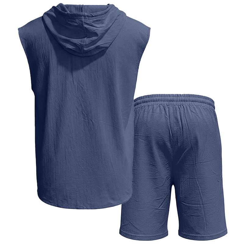 Men Shirt Shorts Two-piece Suit Hooded Sleeveless Shirt Adjustable Elastic Shorts Set Hiking Workout Summer Casual Outfit